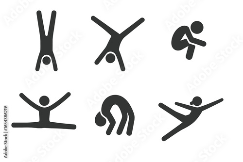 Gymnastics moves icon set. Gymnast sport silhouette. Acrobatics exercise symbol. Handstand, cartwheel, somersault, backflip, split leap. Flexibility and fitness pictogram.