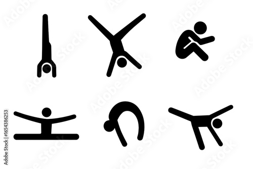 Gymnastics moves solid icon set. Gymnast sport exercise and training. Stick figure silhouette doing handstand, cartwheel, somersault, split, backbend, aerial trick. Vector.