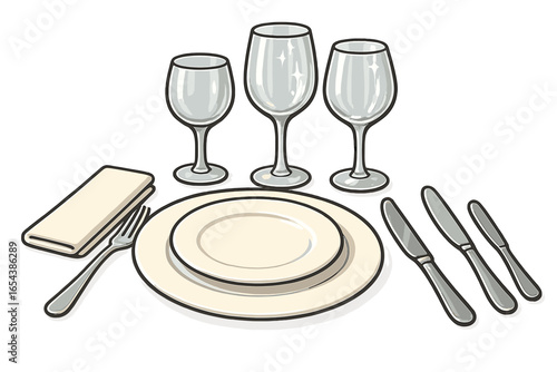 Fine dining table setting vector illustration. Formal dinner place setting with plates, cutlery, wine glasses. Restaurant gourmet banquet concept. Proper etiquette serving.