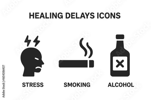 Healing delays icon set. Unhealthy lifestyle factors like stress, smoking, and alcohol abuse. Mental health, addiction, and bad habits concept. Vector pictogram glyphs design.