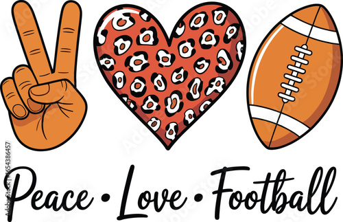 Peace sign heart with animal print and football illustration on a white background design