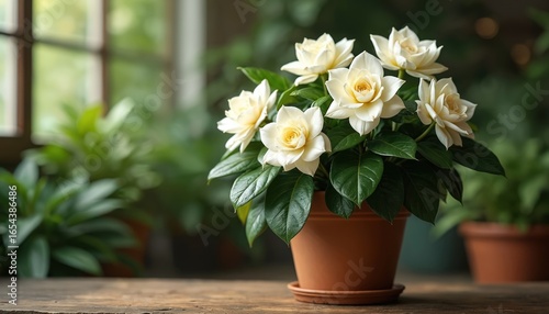 Wallpaper Mural Creamy white gardenia flowers in terracotta pot. Green leaves surround delicate blooms. Soft natural light illuminates potted plant. Perfect for home decor, spring, summer, creating beautiful floral Torontodigital.ca