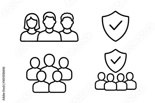 Herd immunity vector icons set, outline style with group of diverse public health silhouettes, shield with checkmark symbolizing protection, community immunity concept