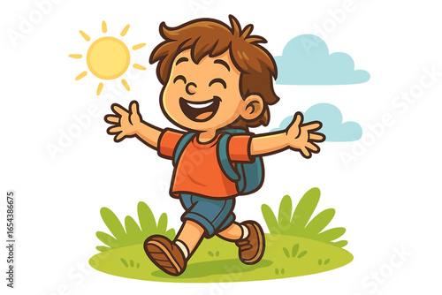 Happy cartoon child walking in park on sunny day. Cute kid with backpack enjoys summer vacation. Cheerful boy running outdoors. Back to school concept vector illustration.
