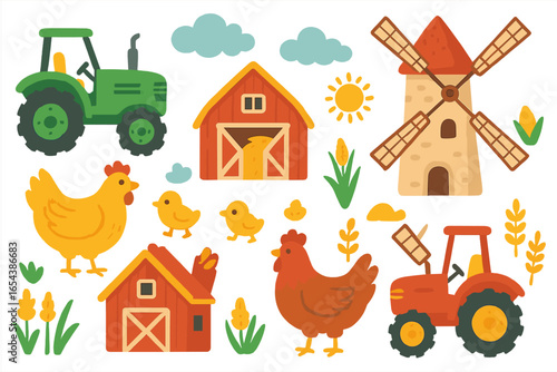 Farm elements vector set. Cute cartoon agriculture collection with tractor, barn, windmill, chicken, rooster, chick. Rural countryside life illustration for kids. Harvest.