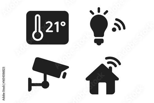 Modern smart home automation technology icons set. Solid vector illustration of intelligent thermostat, automated lighting, security camera, wireless home control. Home IoT devices concept.