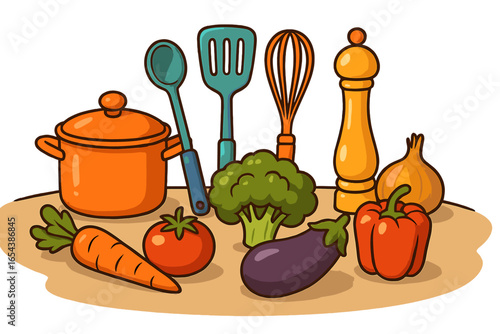 Cooking concept with fresh vegetables and kitchen utensils. Vector food preparation set. Healthy vegetarian meal ingredients like carrot, tomato, broccoli. Kitchenware illustration.