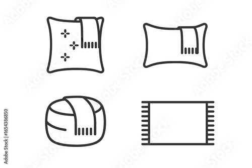 Modern home decor icons, outline illustration set of decorative accessories including throw pillows, lumbar cushion, floor pouf ottoman, and area rug, minimal vector design, cozy living room accents