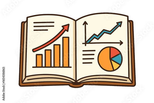 Open book with business graphs and charts. Concept for data analysis, financial report, marketing statistics, and investment growth. Vector cartoon illustration for learning.