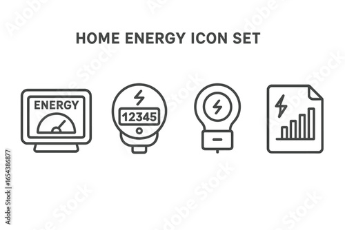 Home energy monitoring icon set. Outline vector symbols for smart meter, energy usage analysis, consumption display, power usage report, home electricity efficiency, submeter clamp, green technology.