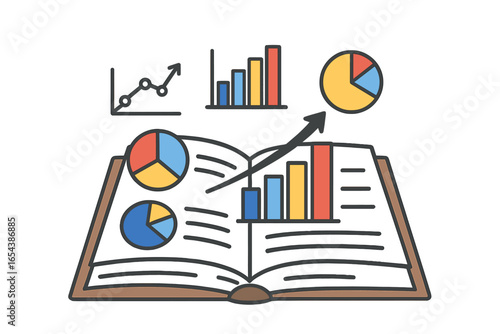 Business data analysis concept. Open book with graphs and charts. Financial report, statistics, and analytics for growth. Market research and investment strategy metaphor.
