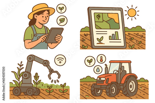 Smart farming agritech vector icon set. Farmer with tablet, iot sensors, robotic arm, autonomous tractor. Sustainable agriculture innovation. Modern farming automation concept.