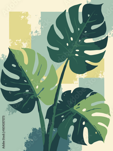 Monstera leaves with abstract geometric background, palette: leaf green, cream, charcoal, lime
