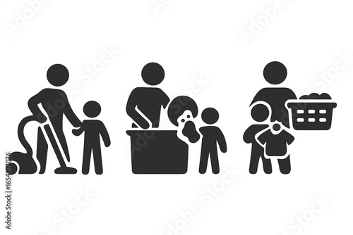 Family Household Chores Vector Illustration. Parent and Child Cooperation Icons. Vacuuming, Dishwashing, Laundry Basket Cleaning Symbols. Solid Filled Design for Domestic Work, Home Routine, Teamwork