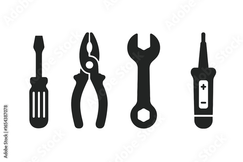 Household tool icons collection, solid filled black silhouettes of screwdriver, pliers, wrench, voltage tester for maintenance, repair, handyman, utility, DIY, equipment vector illustration set