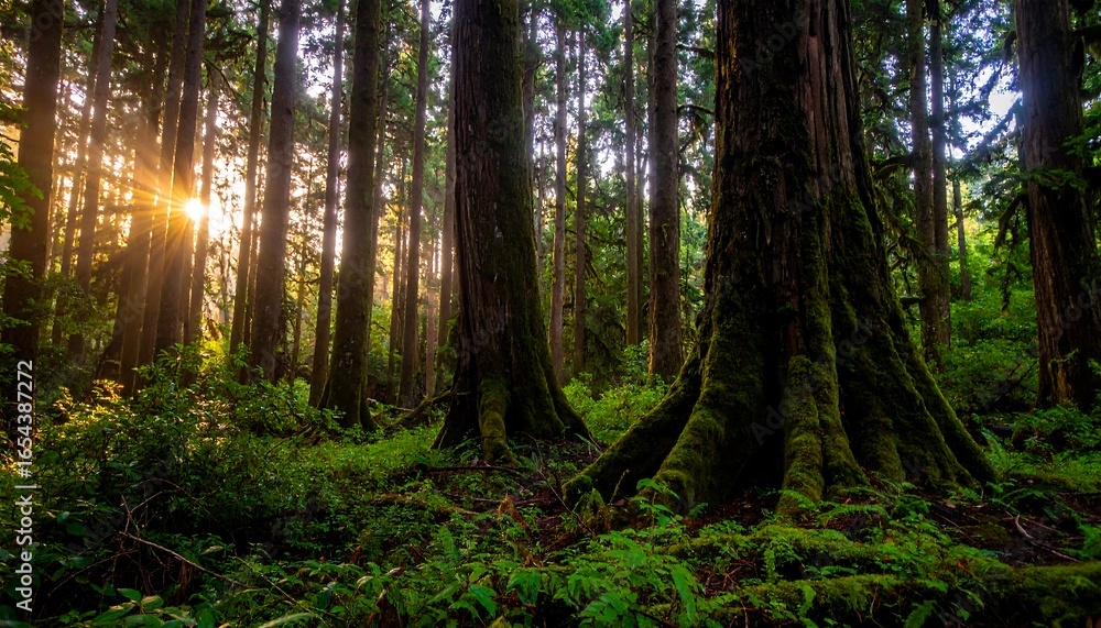 Obraz premium Sunlight streams through ancient forest