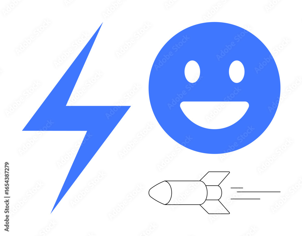 Naklejka premium Simplified blue happy face, bold lightning bolt, and minimal rocket with motion lines represent energy, efficiency, innovation, technology, power, motion and vibrance. Ideal for startups marketing