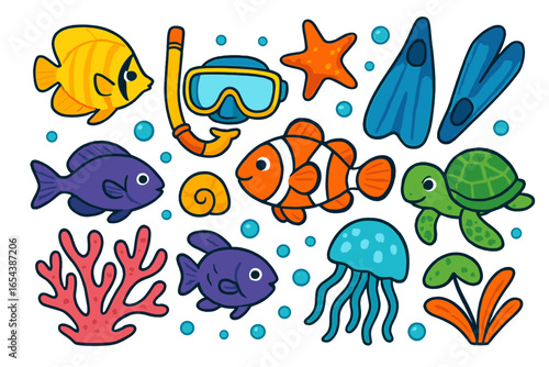 Cute cartoon sea life and snorkeling gear set. Colorful marine animals collection with fish, clownfish, turtle, jellyfish, starfish. Underwater diving vector icons.