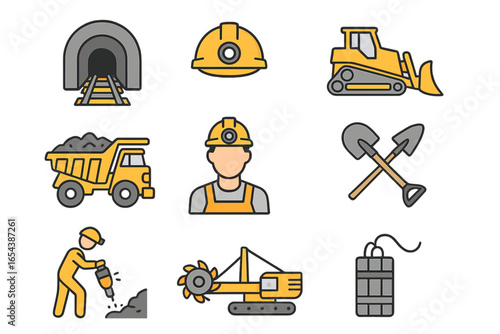 Mining icons set. Mineral extraction industry equipment. Coal miner, dump truck, bulldozer, jackhammer, dynamite, helmet. Quarry worker tools. Vector cartoon illustration.