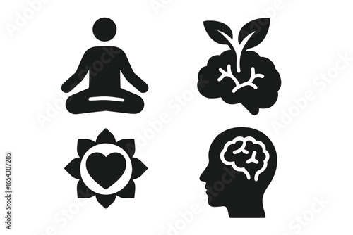 Mindfulness Meditation Icons Set, Brain Health and Heart Chakra Symbols, Mental Wellness Vector Illustration, Solid Black Filled Silhouettes, Self-Care Relaxation, Transparent Background