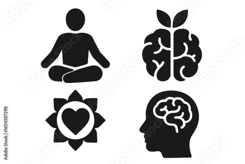Mindfulness, Meditation, Brain Health, Heart Chakra Icons Set. Silhouette Figures, Leaf Brain, Love Wellness Concepts. Mental Health, Calmness, Emotional Balance, Holistic Healing Vector Illustration