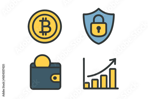 Modern vector icons illustrating cryptocurrency security and finance concepts, digital bitcoin coin, secure shield, wallet storage, growth chart. Cartoon style, fintech investment assets design