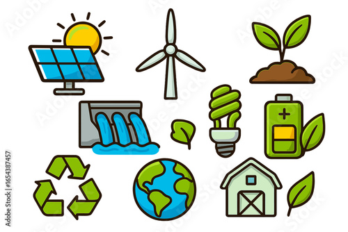 Vibrant Vector Icons Representing Renewable Energy Sources and Sustainable Practices, Eco-Friendly Power Symbols, Clean Energy Concepts, Cartoon Style Set on Transparent Background