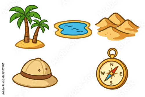 Cartoon vector icon set for desert adventure and safari. Isolated exploration and travel symbols: palm tree, oasis, sand dune, pith helmet, compass. Nature discovery graphic.