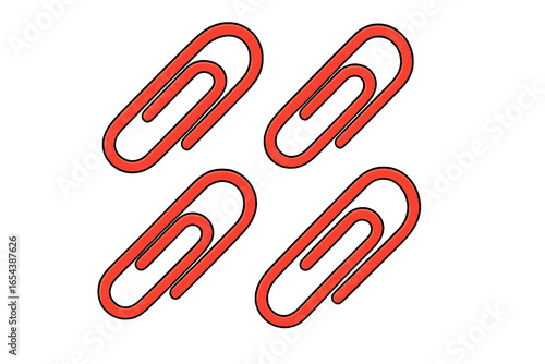 Red paper clips on a white background. Simple functional office supply. Stationery for paperwork, documents. Concept of organization, business tools. Vector cartoon illustration.