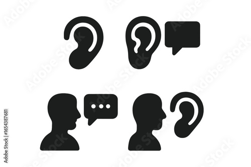 Active listening communication skills solid icons set. Ear speech bubble conversation vector. Effective listening and speaking process. Silhouette concept. Feedback verbal nonverbal interaction.