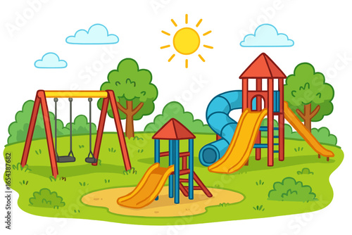 Vector cartoon illustration of a colorful kids playground with swings and slides. Children's public park for outdoor recreation and fun activities on a sunny summer day.