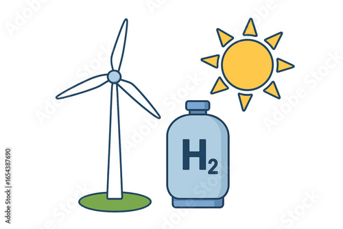 Renewable energy concept with wind turbine, sun, and hydrogen H2 storage tank. Green power generation, windfarm and solar energy for electrolysis. Clean fuel future vector.