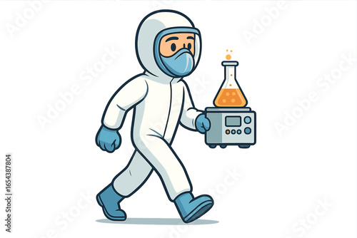 Scientist in full protective hazmat suit walking while carrying laboratory equipment and flask at research facility during scientific experiment. Vector cartoon illustration, transparent background.