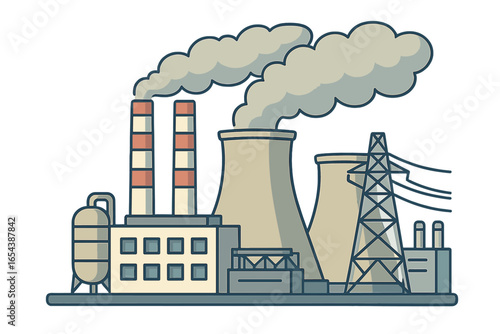 Industrial power plant with smoke and cooling towers vector illustration. Electricity generation factory, energy production station, air pollution, emissions, daytime cartoon, infrastructure concept.