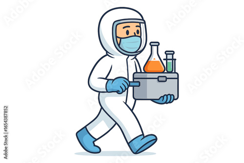 Scientist in full protective hazmat suit carrying laboratory equipment, test tubes, flasks, conducting research experiment, medical safety, advanced science facility, vector cartoon illustration.