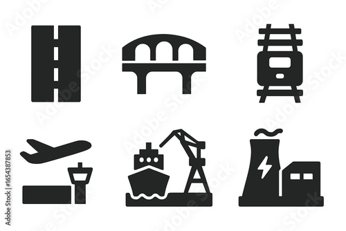 Solid Filled Vector Icons of Infrastructure Elements Featuring Roads, Bridges, Railway Tracks, Airport Terminals, Seaports, and Power Plants for Province Development and Urban Planning Concepts