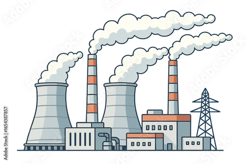Industrial power plant generating electricity with large cooling towers emitting steam and smoke under clear daytime sky, detailed vector cartoon illustration on transparent background
