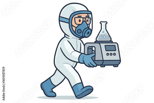 Scientist in full-body protective suit and gas mask carrying laboratory equipment with chemical flask, scientific experiment at research facility, safety procedures, vector cartoon illustration