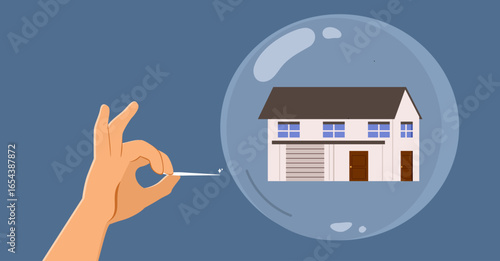 Conceptual artwork of a male hand with a needle about to pop a house inside a bubble, symbolizing a real estate market collapse