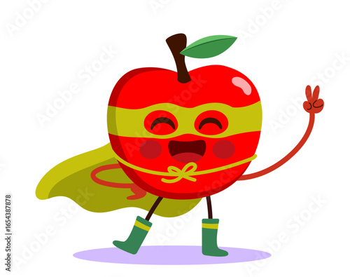 Playful apple character dressed as a superhero making a victory gesture, perfect for nutrition campaigns, kids branding and educational vector illustration