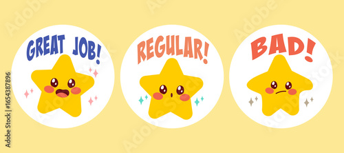 Set of three star stickers representing good, regular, and bad scoring, suitable for feedback systems, education evaluations and reviews