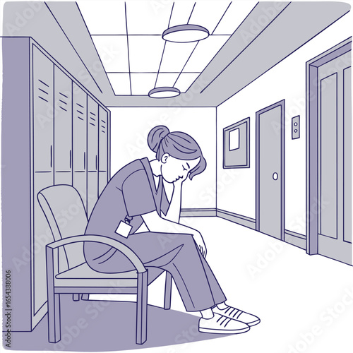 Tired nurse sitting in breakroom during long shift generated by ai