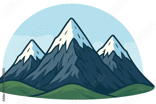 Majestic snow-capped mountain peaks rising against a serene blue sky, dramatic alpine landscape, natural beauty, outdoor adventure, hiking, trekking, nature scene, vector cartoon illustration