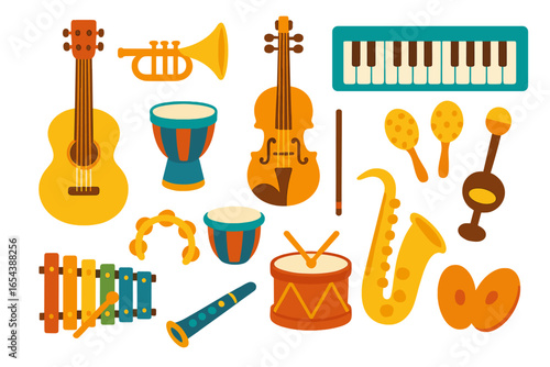Colorful Flat Vector Cartoon Musical Instruments Set. Variety of Percussion, String, Woodwind, Brass, Keyboard Instruments for Education, Kids, Music Class, School, Transparent Background.