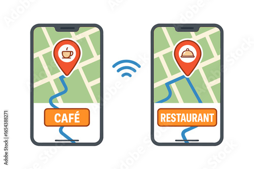 Mobile navigation apps showing cafe and restaurant locations on smartphones, vector cartoon illustration with GPS maps, digital travel, food finder, connectivity concept, transparent background