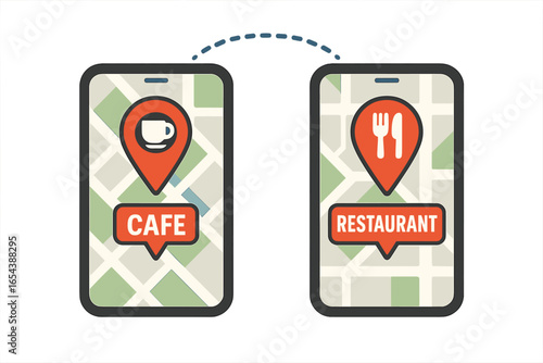 Mobile navigation app vector illustration of smartphone screens with map interface, location pins for cafe and restaurant, food and drink search, travel guide concept, modern digital connection