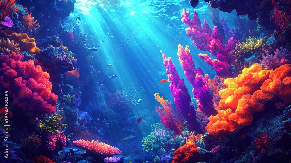 Naklejka premium A vibrant illustration of an underwater coral reef teeming with marine life, but with no animals present.