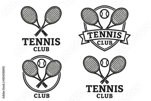 Tennis club emblem vector set. Crossed tennis rackets and balls monochrome design. Sports logo bundle for clubs and teams. Retro vintage style badge illustrations isolated transparent.