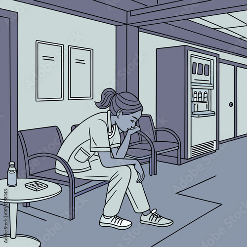 Tired nurse sitting in breakroom during long shift generated by ai