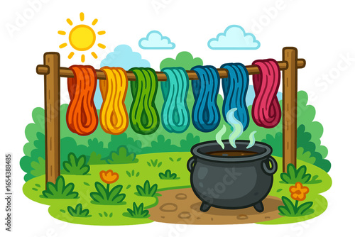 Yarn dyeing process vector illustration. Colorful wool skeins drying on rack in sun. Handmade textile craft concept. Fiber art hobby with cauldron. Natural dying cartoon.